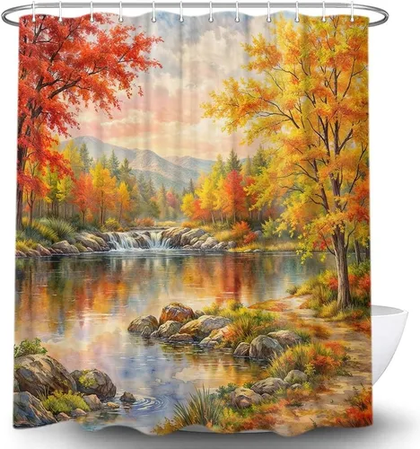 Miniatura 13 de Cortina de ducha a cuadros de búfalo naranja, decoración de otoño, lindos gnomos en camión verde azulado retro, cortina de ducha de calabaza