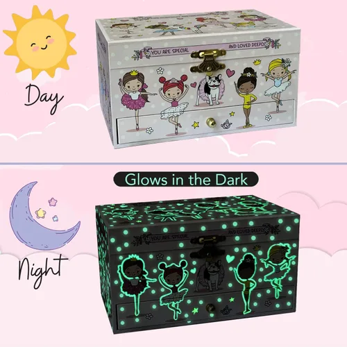 Miniatura 2 de Joyero musical de bailarina para niñas, joyero que brilla en la oscuridad, joyero organizador con collar de corazón y juego de pulsera, bonita caja