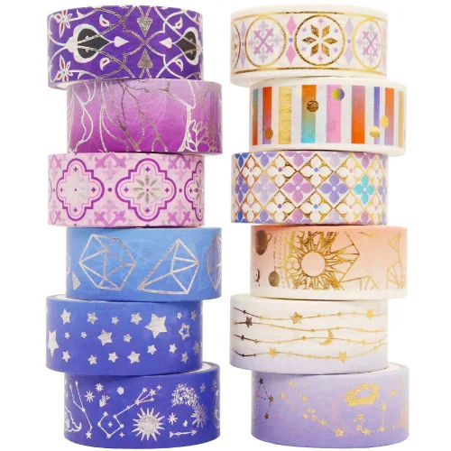 YUBBAEX Galaxy - Juego de cinta adhesiva Washi con estrellas púrpuras decorativas, cinta adhesiva de lámina plateada y dorada para arte,