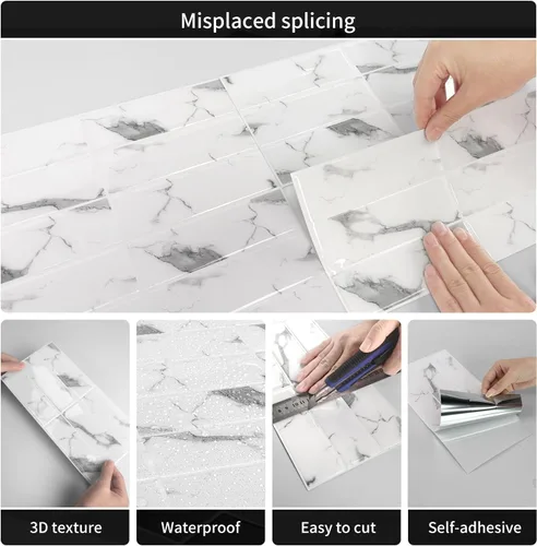 Miniatura 2 de 16 hojas de azulejos autoadhesivos 3D de pared, azulejos adhesivos de vinilo para despegar y pegar, impermeables, retro, bricolaje para cocina