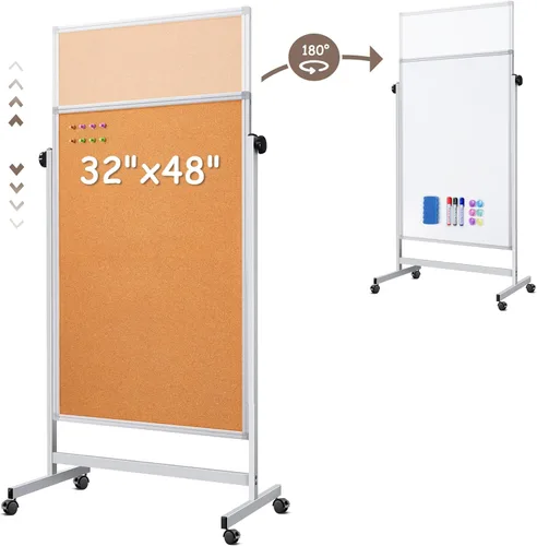Pizarra blanca de doble cara con corcho, 32 x 48 pulgadas, gran tablero de corcho para oficina, pizarra magnética de borrado en seco con altura
