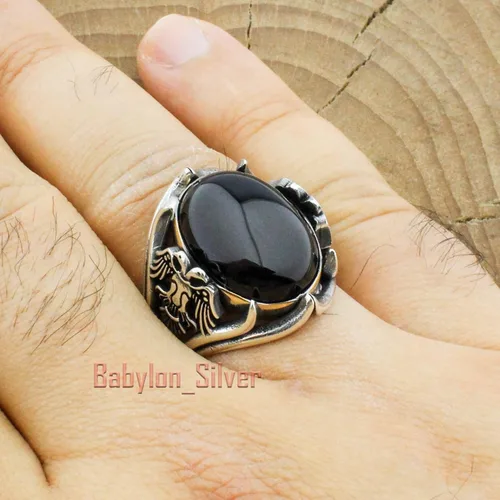 Miniatura 4 de Anillo de hombre de águila de lujo hecho a mano con piedra de ónix de plata de ley 925 maciza