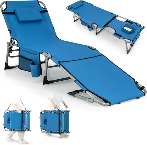 Tangkula Sillón de playa, silla de bronceado plegable al aire libre con agujero para la cara/brazo, 2 asas de transporte, almohada, respaldo Azul