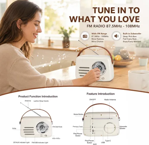 Miniatura 5 de Altavoz Bluetooth vintage con radio FM, caja de auge inalámbrica portátil, más de 20 horas de duración de la batería, radio retro