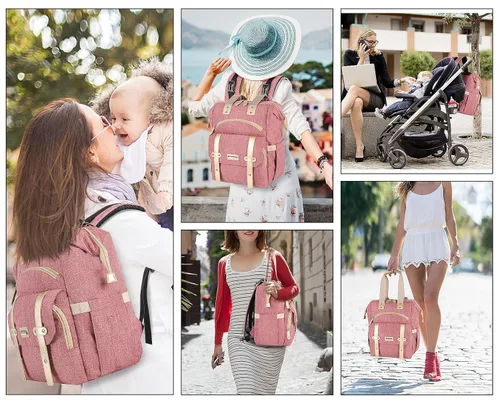 Miniatura 7 de Jiefeike Mochila para pañales, bolsa de pañales rosa para bebés y niñas para mamá, bolsas de viaje para bebés, mochila para mujeres, bolsillos