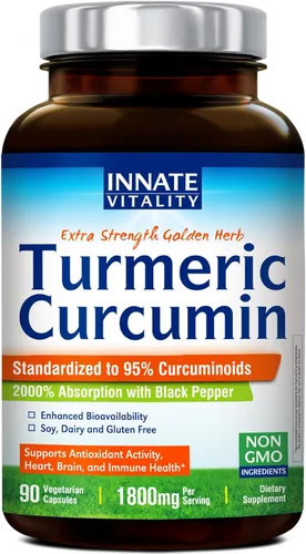 Innate Vitality Suplemento de curcumina de cúrcuma de 1800 mg con pimienta negra 95% curcuminoides, extra fuerte y absorción mejorada, antioxidante,