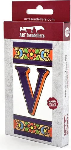 Miniatura 3 de FLORES MEDIANO - Azulejos de letras de casa pintados a mano de 4,29" x 2,13" para letreros, direcciones y nombres Letra "V