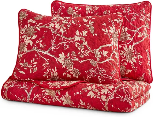 Wake In Cloud - Juego de edredón floral, diseño botánico moderno de flores asiáticas orientales vintage, colcha ligera reversible, 3 piezas, rojo,