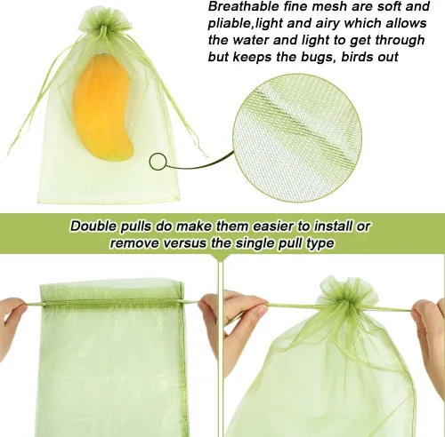 Miniatura 2 de 100 piezas Bolsas de Protección de Frutas 8x12 pulgadas, Bolsas de Cobertura de Malla Verde con Cordón Protectores de Malla para Frutas Barrera