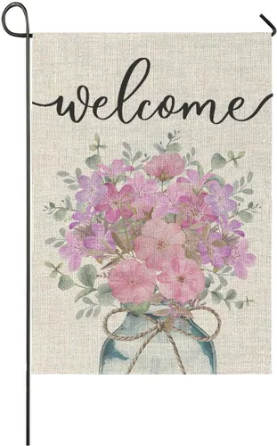 Miniatura 9 de Bandera floral de bienvenida de verano para jardín, primavera y verano, hojas de eucalipto, bandera grande de doble cara, flores de temporada