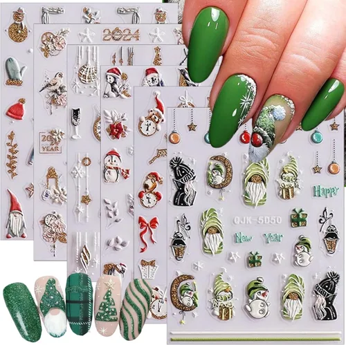 Calcomanías de arte de uñas de Navidad 5D en relieve autoadhesivas para arte de uñas, lindos gnomos de Papá Noel, muñeco de nieve, árbol de Navidad,