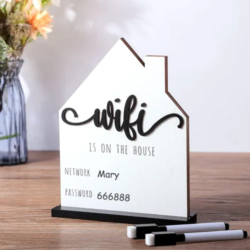 Miniatura 8 de Letrero de Contraseña con Patrón WiFi para Invitados Hogar Mesa de Madera Letrero de Patrón WiFi de Madera con Tablero Pluma Borrable Pizarra