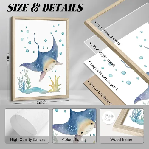 Miniatura 2 de Juego de 6 decoración de pared de animales marinos para guardería, lienzo de acuarela de océano, arte de pared para habitación de bebés y niños