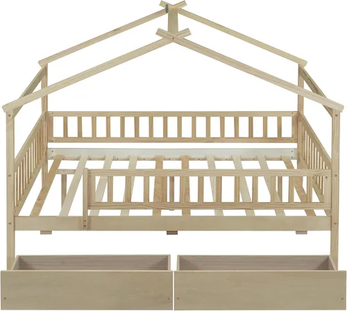 Miniatura 6 de Cama de casa matrimonial para niños, cama Montessori de tamaño matrimonial con 2 cajones de almacenamiento, barandillas y techo, cama