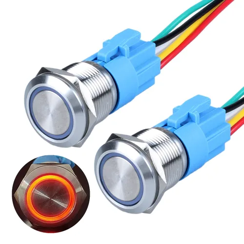 Miniatura 13 de 2 interruptores de botón de bloqueo de 0.748 in de 12 V-24 V, anillo de CC LED 1NO 1NC impermeable botón de metal negro encendido apagado