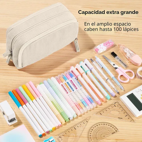 Miniatura 3 de Sooez Estuche de Lápices de Gran Capacidad con Funda para Bolígrafos, Bolsa de Lápiz de Corduroy Suave con 3 Compartimentos, Múltiples Bolsillos