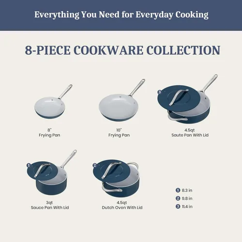 Miniatura 2 de CookinCraze Juego de 8 ollas y sartenes antiadherentes de cerámica con tapa, sin PFAS, no tóxicos, compatible con inducción, apto para horno, Azul