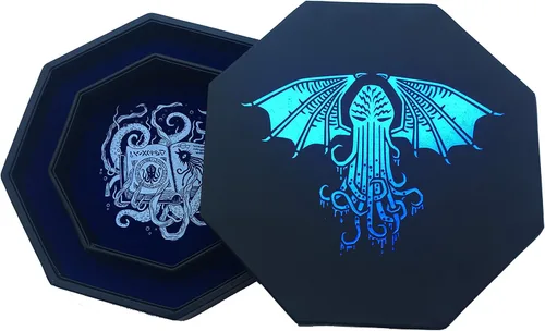 Fantasydice - Cthulhu Tome - Bandeja de dados azul con tapa - Octágono de 9 pulgadas con área de preparación de dados - Capacidad para 5 juegos de