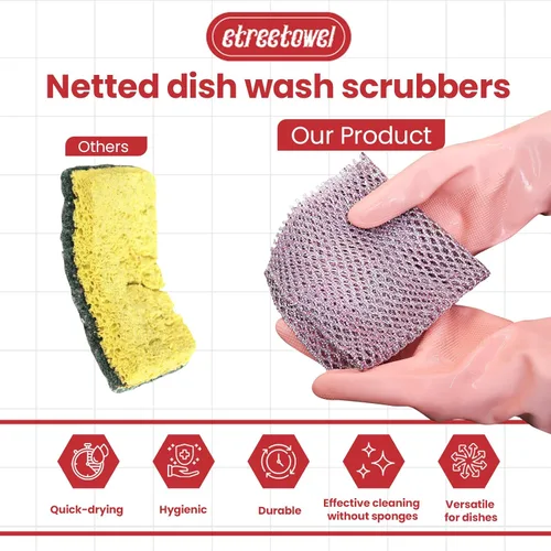 Miniatura 3 de Limpiador de platos resistente (4 piezas) almohadillas de tela antiarañazos y limpiadores de ollas con red – Reemplazar esponjas de cocina