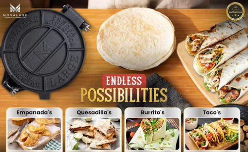 Miniatura 2 de Movaluxe® Prensa de tortilla de hierro fundido de 8 pulgadas GRANDE - Máquina para hacer maíz y harina Roti Prensador de tortillera resistente. Con