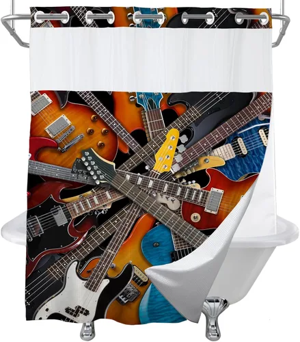Miniatura 9 de Juego de cortinas de ducha musicales de tela con ojales y ganchos, 36 pulgadas de ancho x 72 pulgadas de alto, color marrón, blanco, azul