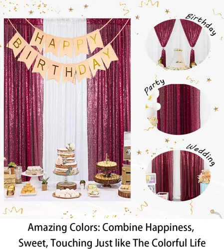 Miniatura 3 de ShinyBeauty Cortinas de Lentejuelas 2 Paneles 2ftx8ft Wine Telón de Fondo con Brillantina para Videos de YouTube Cortinas de Lentejuelas Borgoña