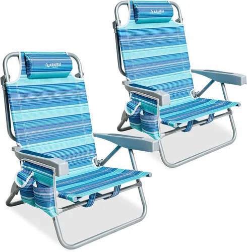 Miniatura 9 de Beach Chairs for Adults, Portable Folding Backpack Beach Chair Heavy Duty 5-Position Lay Flat with Cooler Bag, Cup Holder for