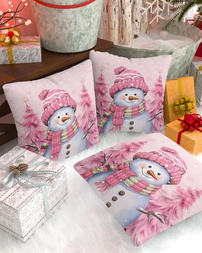 Miniatura 3 de Funda de almohada de invierno para exteriores, diseño de muñeco de nieve, pino, rosa, impermeable, paquete de 2 fundas de almohada con copos