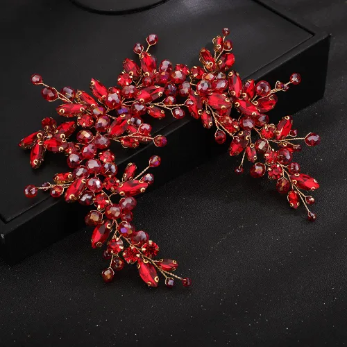 Miniatura 3 de Teyglen Diadema de cristal para el cabello de boda, con cuentas de diamantes de imitación rojos, hecha a mano, rojo, rosa, azul, negro, flores