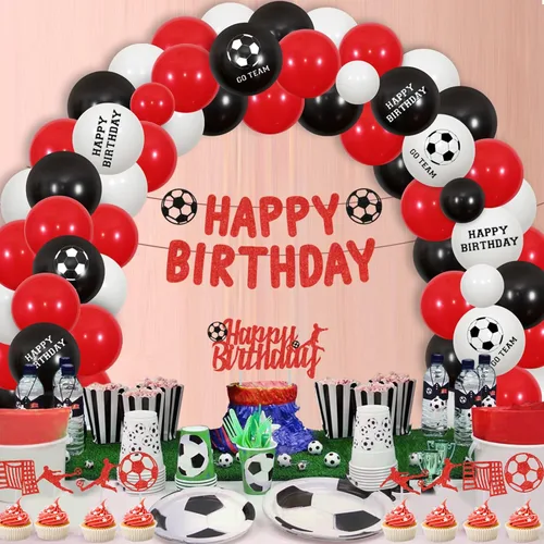 Miniatura 2 de Decoraciones de fiesta de cumpleaños de fútbol, decoración de fiesta temática de fútbol, kit de guirnalda de globos rojos y negros, pancarta