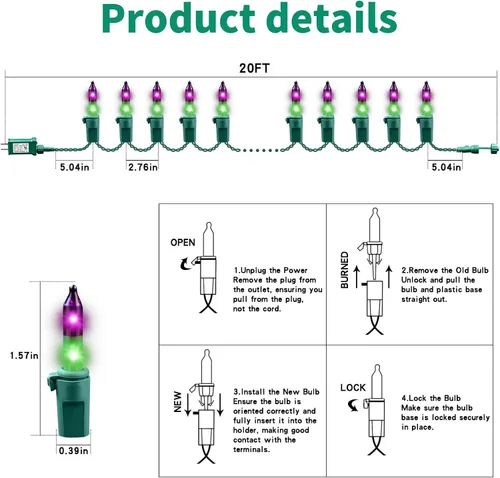 Miniatura 3 de Luces de cadena navideñas mini de 100 unidades en morado y verde, con certificación UL, equipadas con 8 modos de iluminación, perfectas para patios
