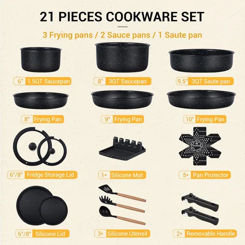 Miniatura 2 de Ammeloo Juego de 21 piezas de ollas y sartenes antiadherentes, juego de utensilios de cocina de cerámica con mango desmontable, juego de cocina