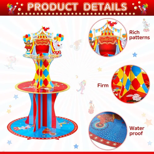 Miniatura 3 de Zopeal Soporte de 3 niveles para cupcakes con temática de circo para decoraciones de fiesta de cumpleaños, carnaval, mesa de postre, soporte