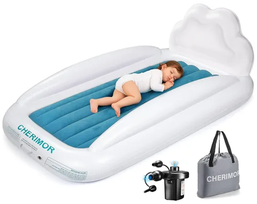 Miniatura 10 de CHERIMOR Cama inflable de viaje para niños pequeños, cama portátil para niños pequeños con parachoques de seguridad de 4 lados y bomba de inflado