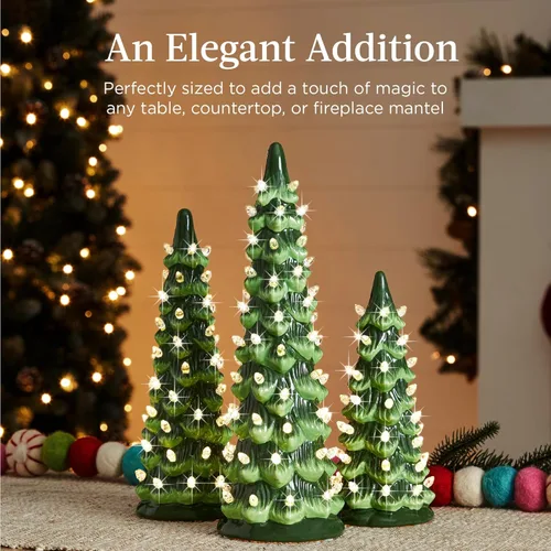 Miniatura 5 de Best Choice Products - Juego de 3 árboles de Navidad de cerámica, decoración de mesa preiluminada y pintada a mano con bombillas LED de luz blanca