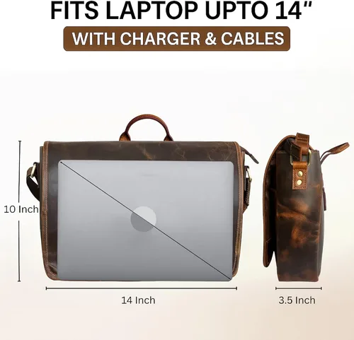 Miniatura 3 de Bolso de mensajero de cuero para hombre, 14 pulgadas, bolso de cuero para laptop, bolso cruzado vintage para oficina, bolso de hombro de viaje Marrón