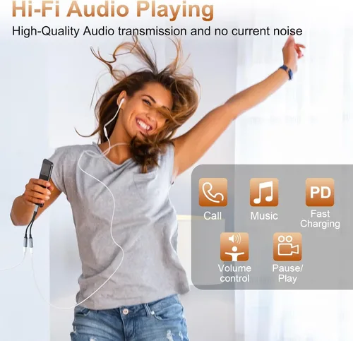 Miniatura 5 de Adaptador divisor de corriente 2 en 1 para iPhone a conector Lightning dual para auriculares y cargador de audio, videollamada, música, carga, HiFi