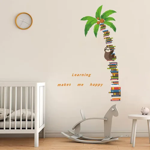 Miniatura 4 de IARTTOP Calcomanía de pared de perezoso de árbol de coco, diseño de perezoso, libro grande, calcomanías de pared para dormitorio, sala de estudio