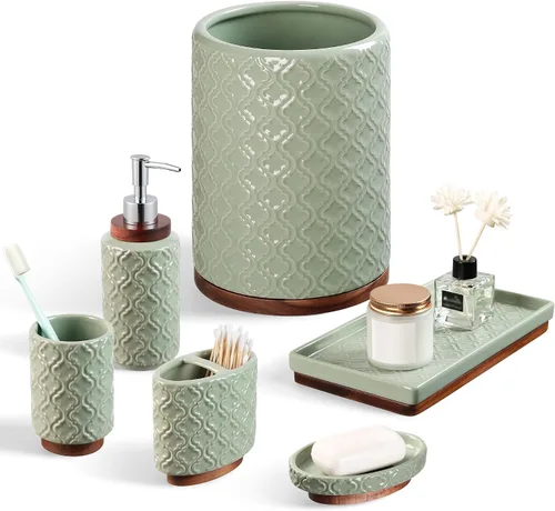 Miniatura 17 de RQYIXI - Juego de accesorios de baño de 4 piezas, soporte para cepillo de dientes, dispensador de jabón, decoración de baño de cerámica y madera