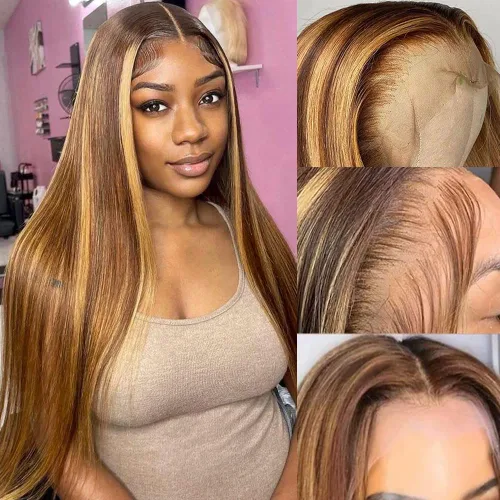 Miniatura 15 de Flady Peluca de cabello humano con encaje frontal ombré, prearrancada, sin pegamento, peluca frontal de encaje HD 4/27, pelucas de cabello humano