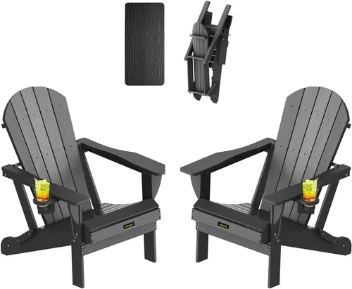 Miniatura 33 de Silla Adirondack Plegable, Sillas Adirondack de Plástico con Textura de Madera con 2 Portavasos, Silla para Hoguera de HDPE Resistente a