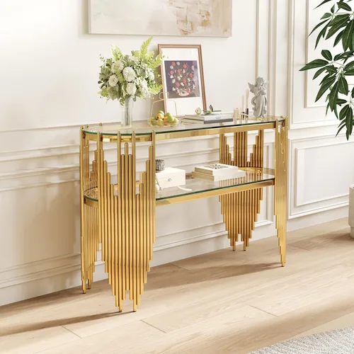 Miniatura 15 de Moderna mesa consola de cristal plateado, mesa de sofá estrecha para entrada con estantes de almacenamiento de 2 niveles para pasillo, espacio