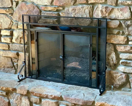 Pantalla decorativa para chimenea con detalles de cristal (mediano), color negro