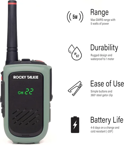 Miniatura 2 de Rocky Talkie Expedition Radio de 5 Vatios con Micrófono de Mano Impermeable - Radio GMRS con Impermeabilización IP67, Walkie Talkie de Largo