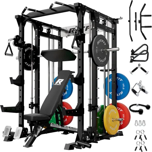Miniatura 18 de RitFit Máquina Buffalo Smith, jaula eléctrica con sistema LAT-Pull Down y sistema de cruce de cables, estante de sentadillas todo en uno