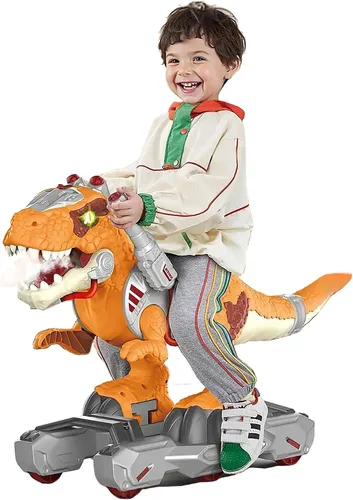 Scooter Montable de Dinosaurio para Niños Pequeños – Juguete Eléctrico de Empujar y Montar de Piso Deslizante con Música, Luces, Rociador de Niebla