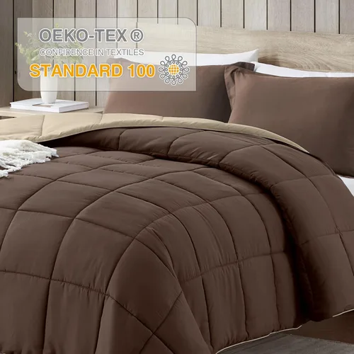 Miniatura 3 de satisomnia Juego de edredón de tamaño King, edredón de cama marrón tamaño King, edredón de cama alternativo de plumón de 3 piezas, ligero, suave