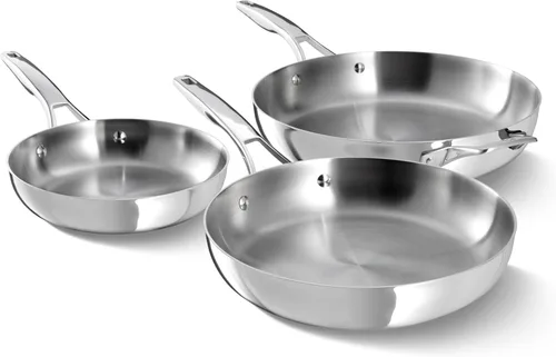 Calphalon Premier - Juego de utensilios de cocina de acero inoxidable pulido de 5 capas con Turbo Heat Tech 3 piezas, inducción, apto para horno