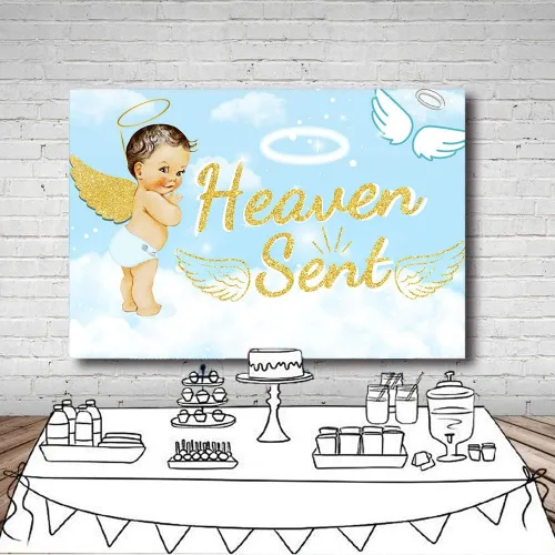 Miniatura 5 de Bonito telón de fondo para fiesta de baby shower, de 7 x 5 pies, cielo azul claro, nube blanca, ángel dorado, decoración de alas doradas, regalo