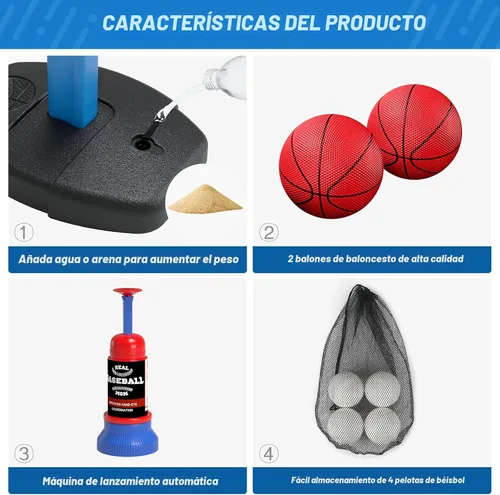 Miniatura 6 de HYES Juego de aro de baloncesto 2 en 1 y pelota en T para niños, altura ajustable, tee de béisbol para niños con máquina de lanzamiento automática